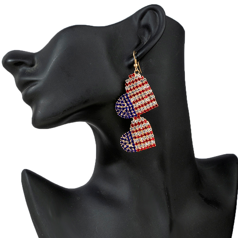 European and American cross-border heart-shaped earrings, American flag color water diamond double-layer heart-shaped earrings, women's claw chain jewelry pendant, long and simple full-diamond earrings details Picture