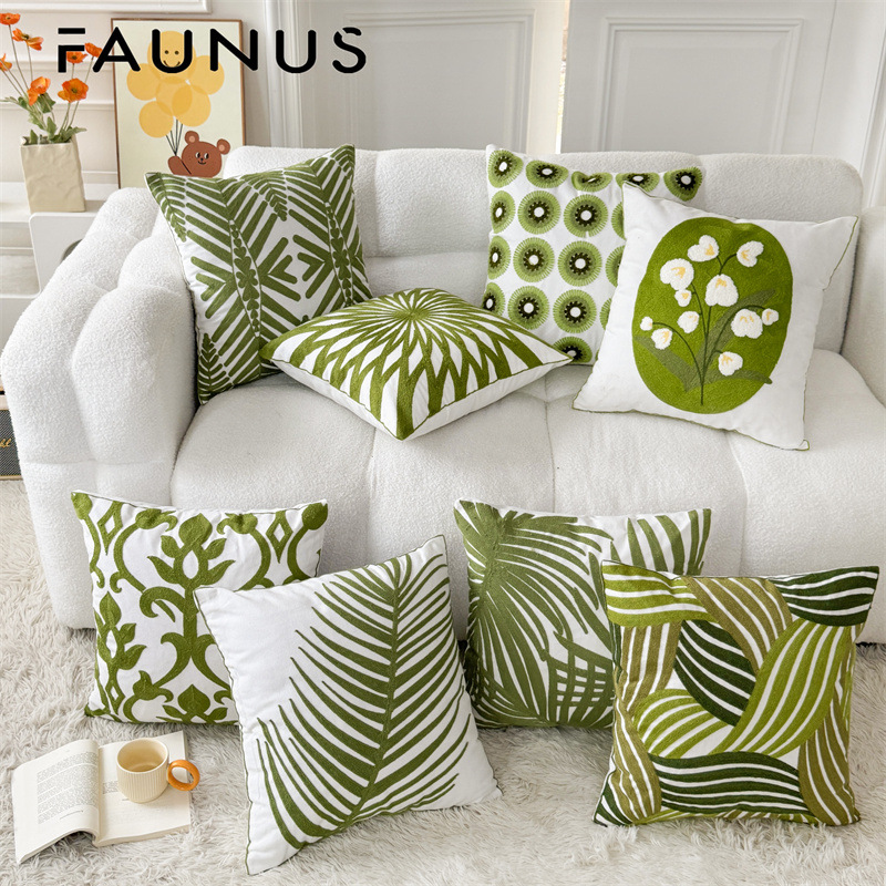 现代简约跨境波浪波点绿色几何毛巾绣帆布刺绣沙发抱枕户外靠垫