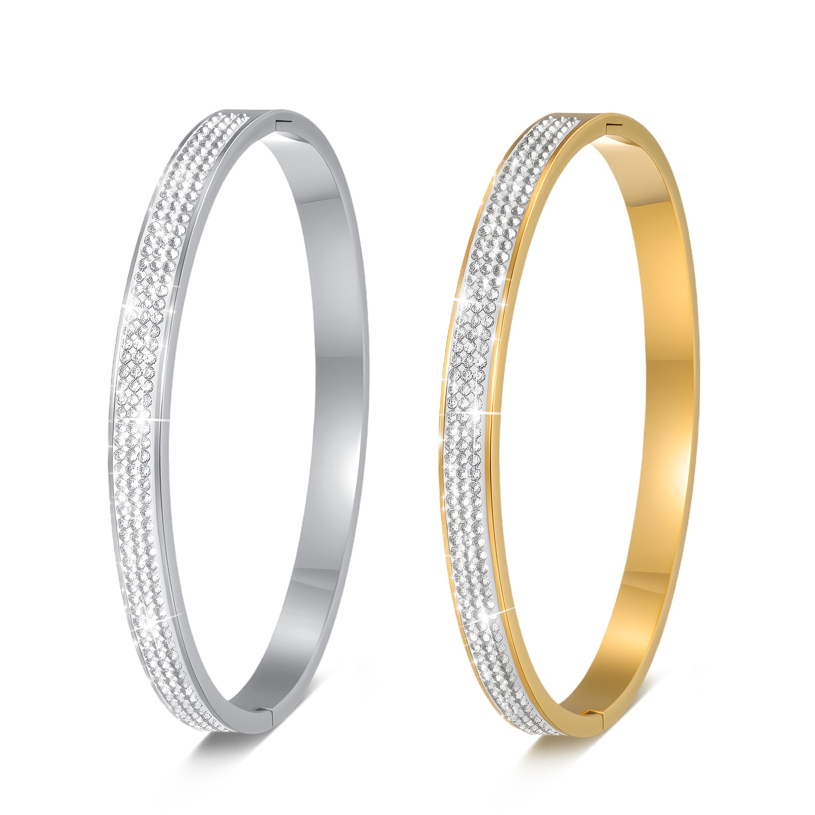 European and American titanium steel buckle bracelet for women, simple three-row diamond-encrusted cross-border bestseller, fashionable open stainless steel egg-shaped bracelet