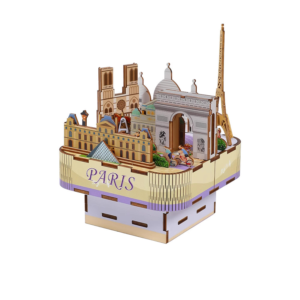 Cross-border exclusive Romantic Parisian wooden music box 3D stereoscopic puzzle diy handcrafted educational assembly model toy Item Picture