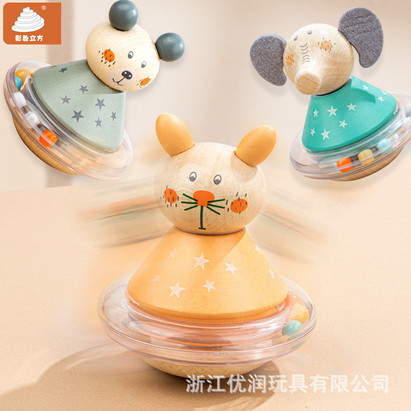 跨境木制卡通可爱动物大号不倒翁木质摇铃床铃宝宝婴幼儿益智玩具