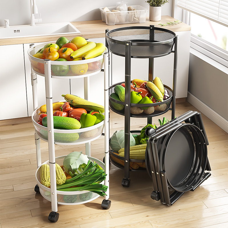 The new mini cyclone kitchen storage rack, floor-standing fruit and vegetable basket, foldable and retractable storage rack, small trolley, three-layer rack details Picture
