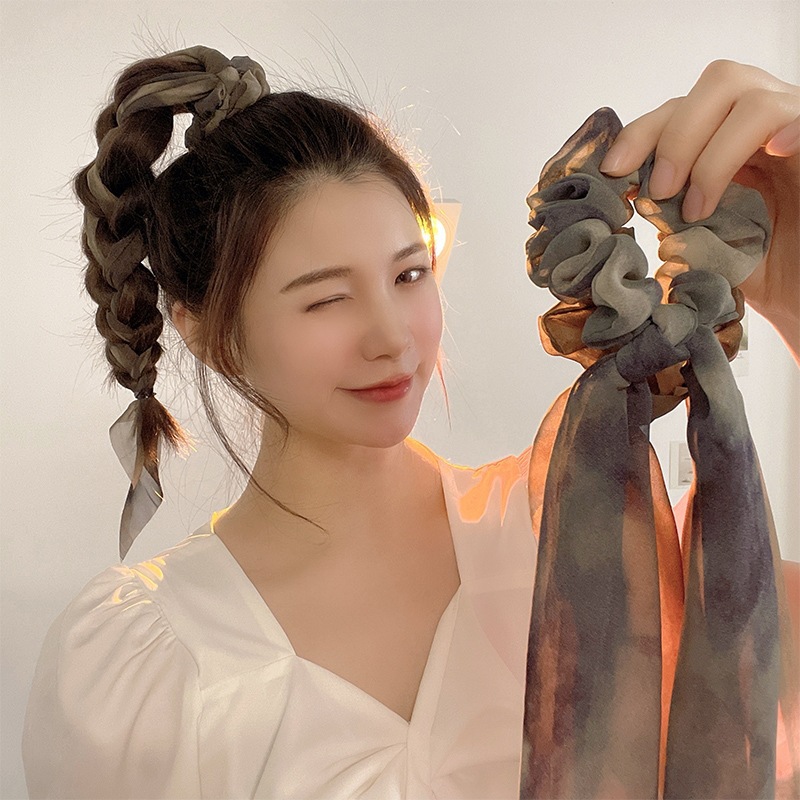 Summer super fairy-like ponytail, ribbon-like hair bands, trendy hair bands, girls' hair ties, ink-wash paintings, bow headwear, hair strings and hair accessories