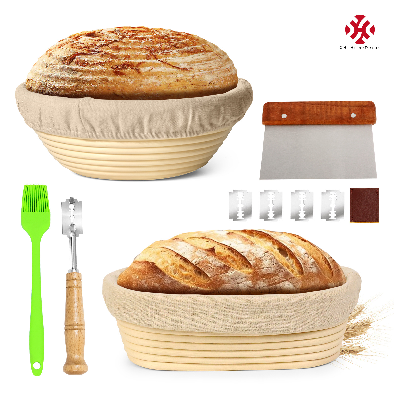 跨境亚马逊印尼藤欧式烘焙用具面包发酵篮套装圆形9寸+椭圆10寸