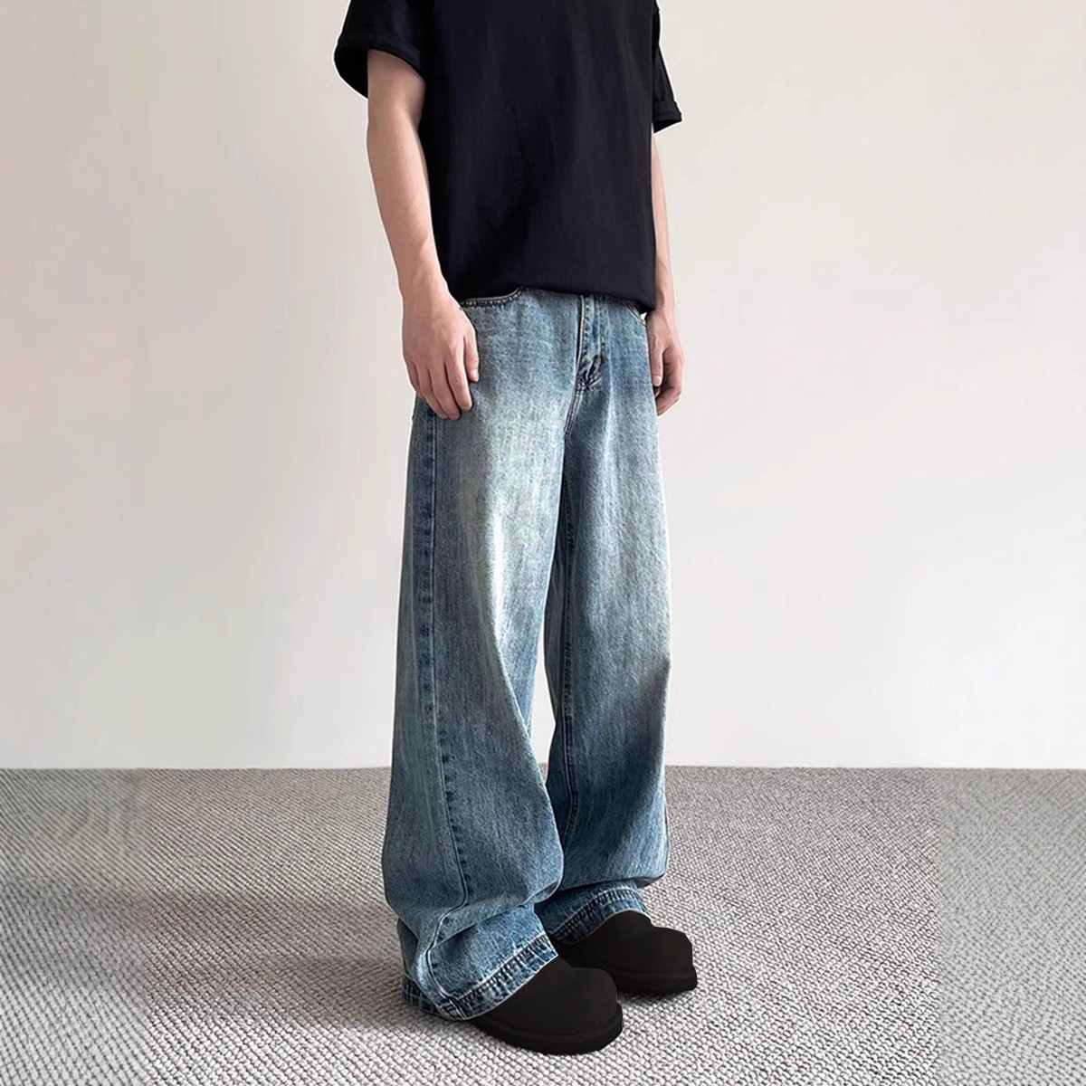American high street distressed blue jeans for men, a trendy brand for spring and autumn, straight-leg versatile wide-leg long pants Specification image