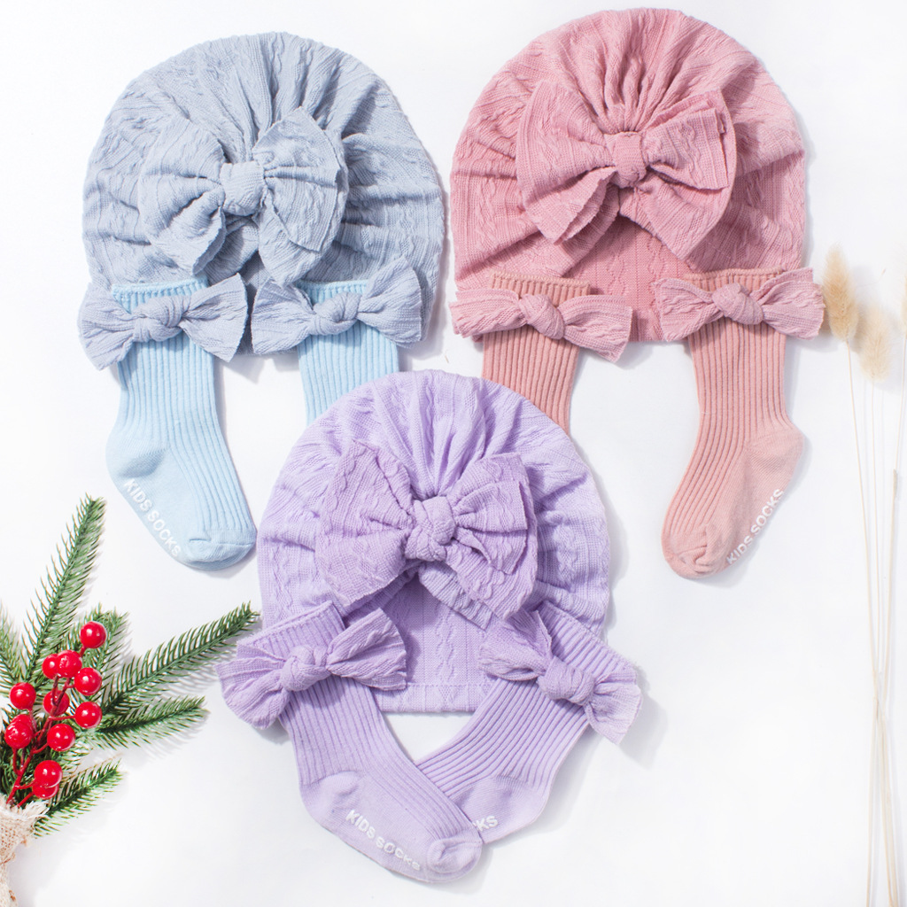 秋冬季跨境新款婴儿帽子套装可爱宝宝蝴蝶结胎帽防滑儿童袜子批发