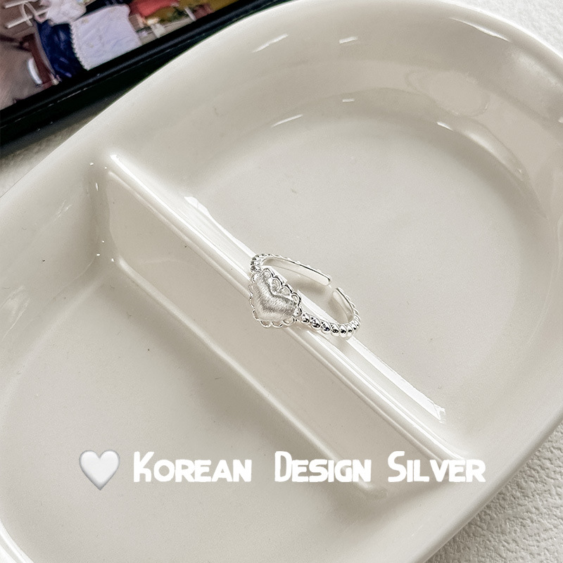 S925纯银拉丝爱心镂空戒指叠戴指环女韩版ins风小众设计款戒指细节图