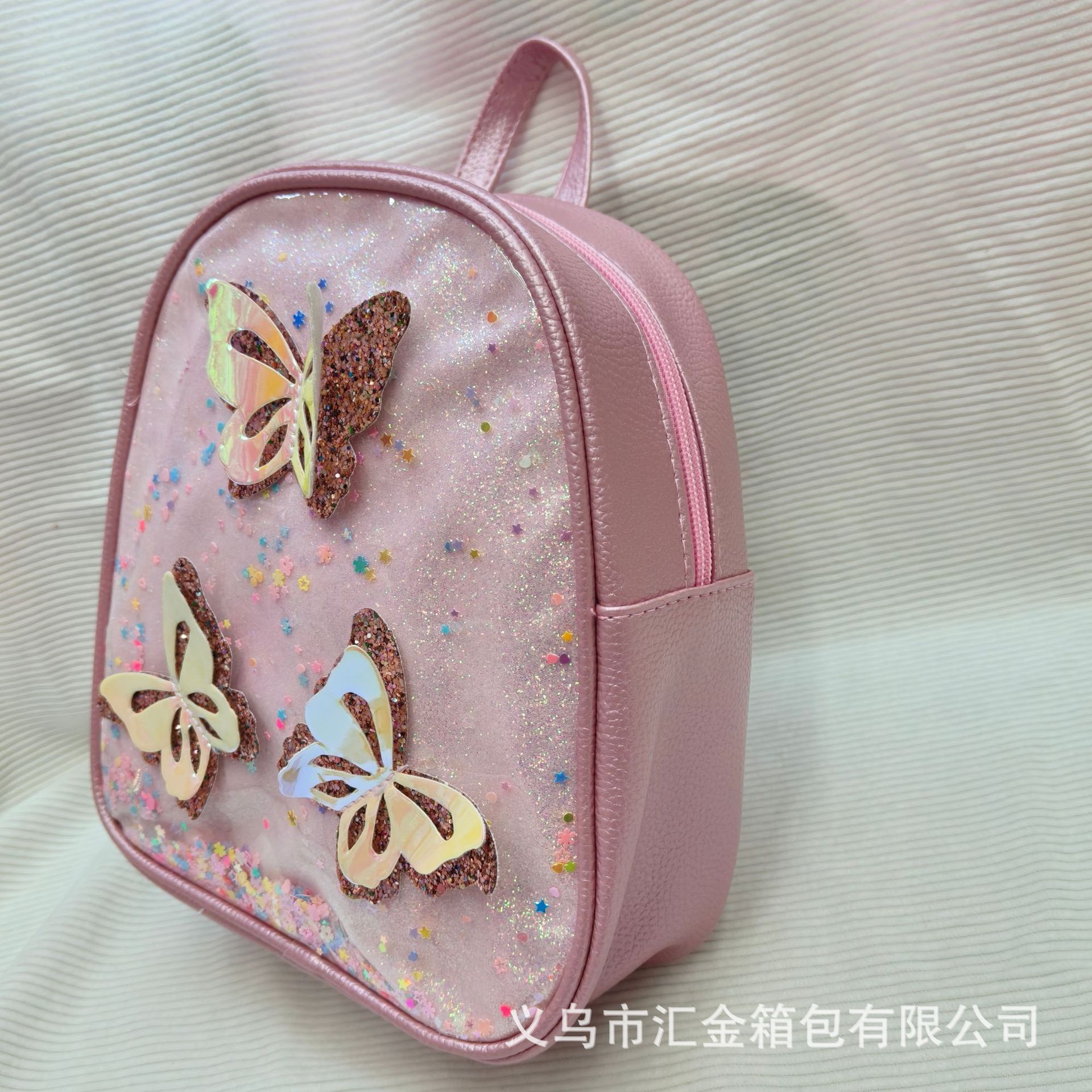 现货批发女童闪粉流沙书包 马卡龙色蝴蝶爆款幼儿园迷你双肩包 Specification image