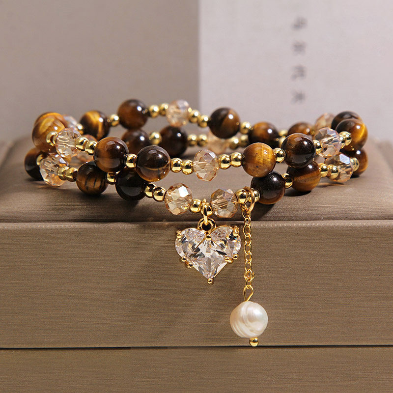 Natural tiger's eye multi-layer bracelet, light luxury, niche and high-end feel, heart-shaped pendant, exquisite bracelet, wealth attraction jewelry