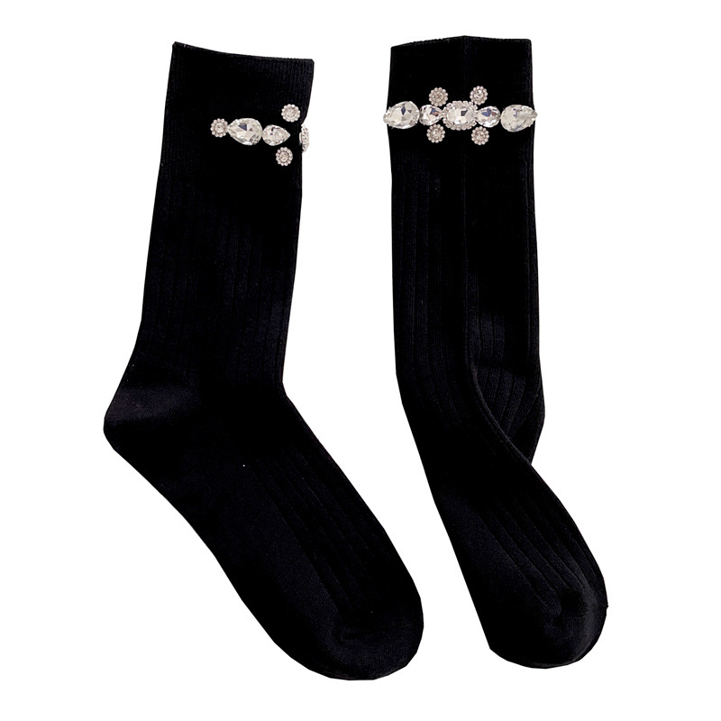 Hand-sewn water diamond socks, heavy industry spring and autumn mid-calf socks, pure cotton socks, women's Instagram trendy and versatile calf long socks, versatile style Item Picture