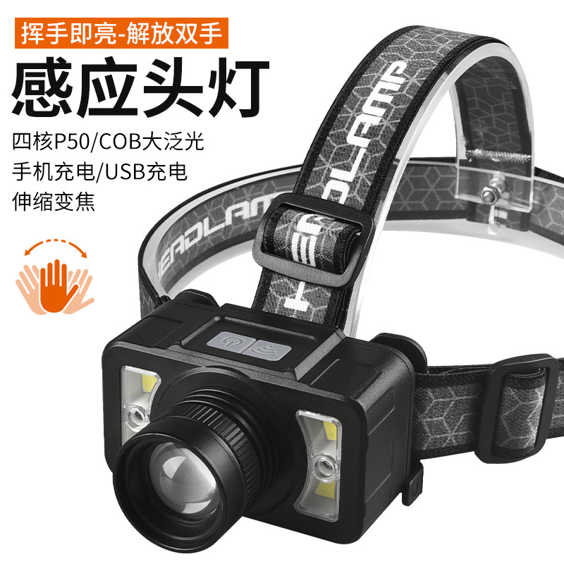 New LED red and white light smart sensor headlamp, outdoor high-intensity head-mounted lighting lamp, USB charging fishing headlamp
