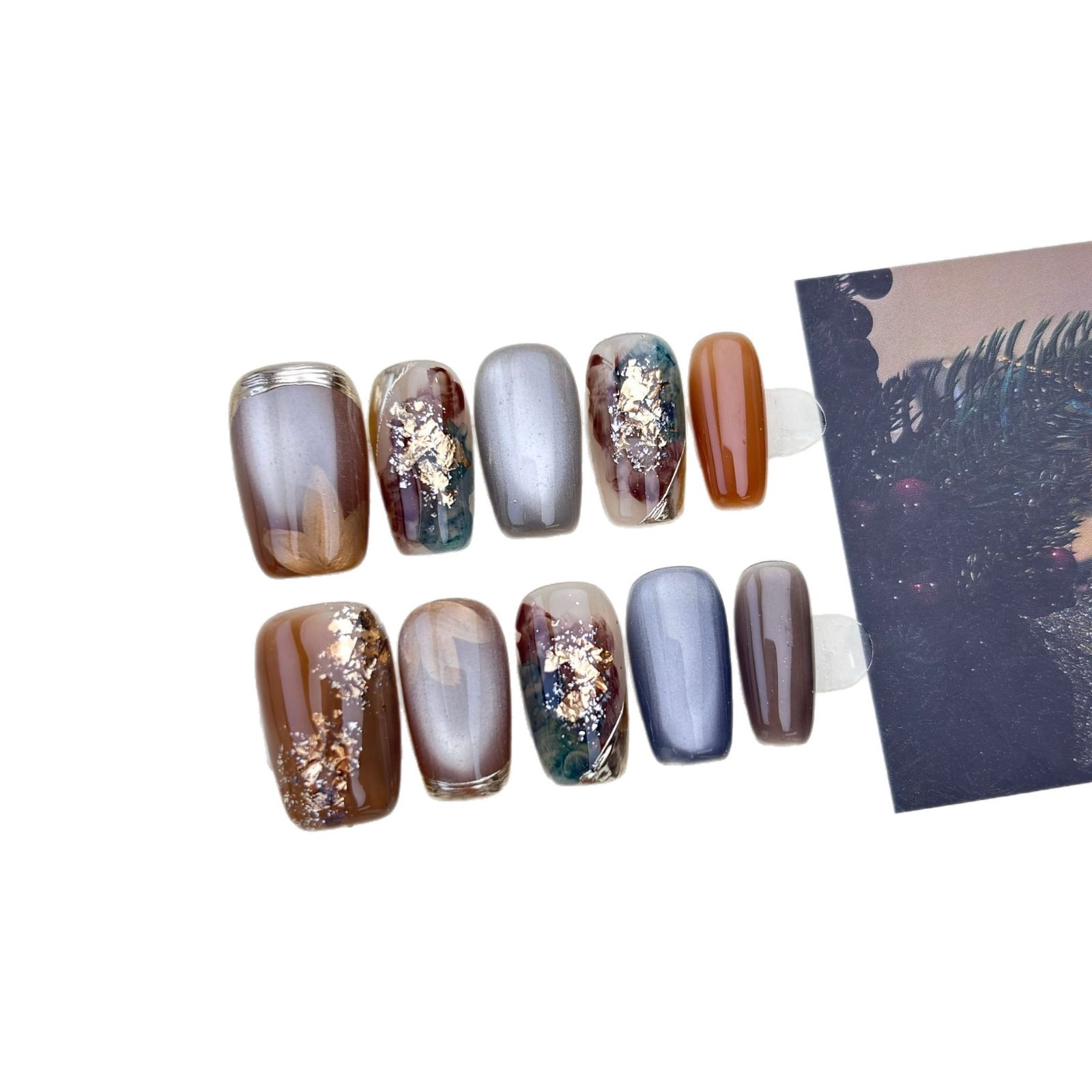 浪漫土星】纯手工显白焦糖晕染玻璃珠猫眼复古高级感穿戴甲批发白底实物图