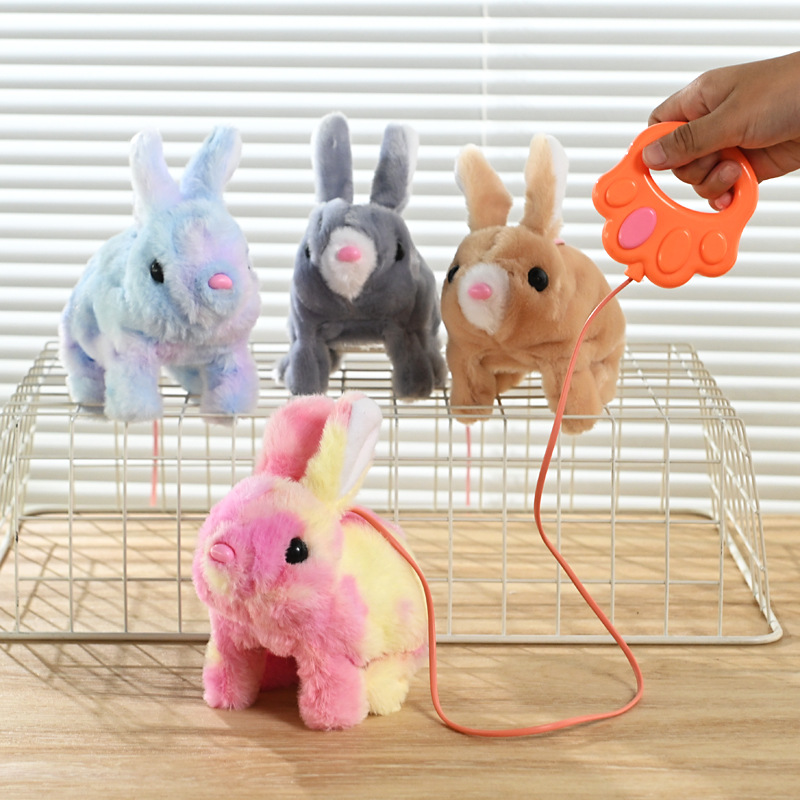 Wholesale of cross-border new type of electric plush rabbit with a leash for moving forward and backward sounds, electronic pet white rabbit children's toys details Picture