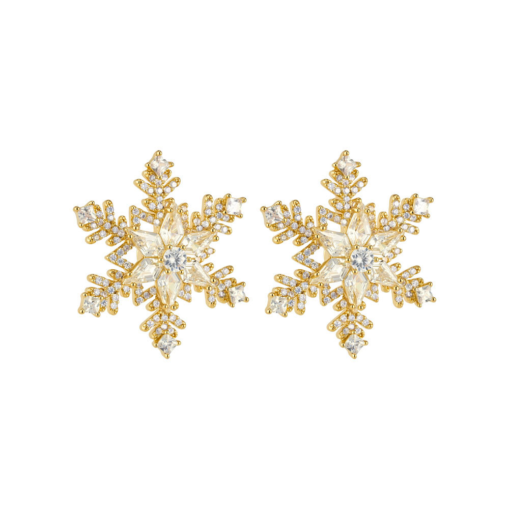 Original design rotating snowflake stud earrings made of copper alloy with real gold electroplating and micro-inlaid zirconium s925 silver needles, presenting a high-end look Item Picture
