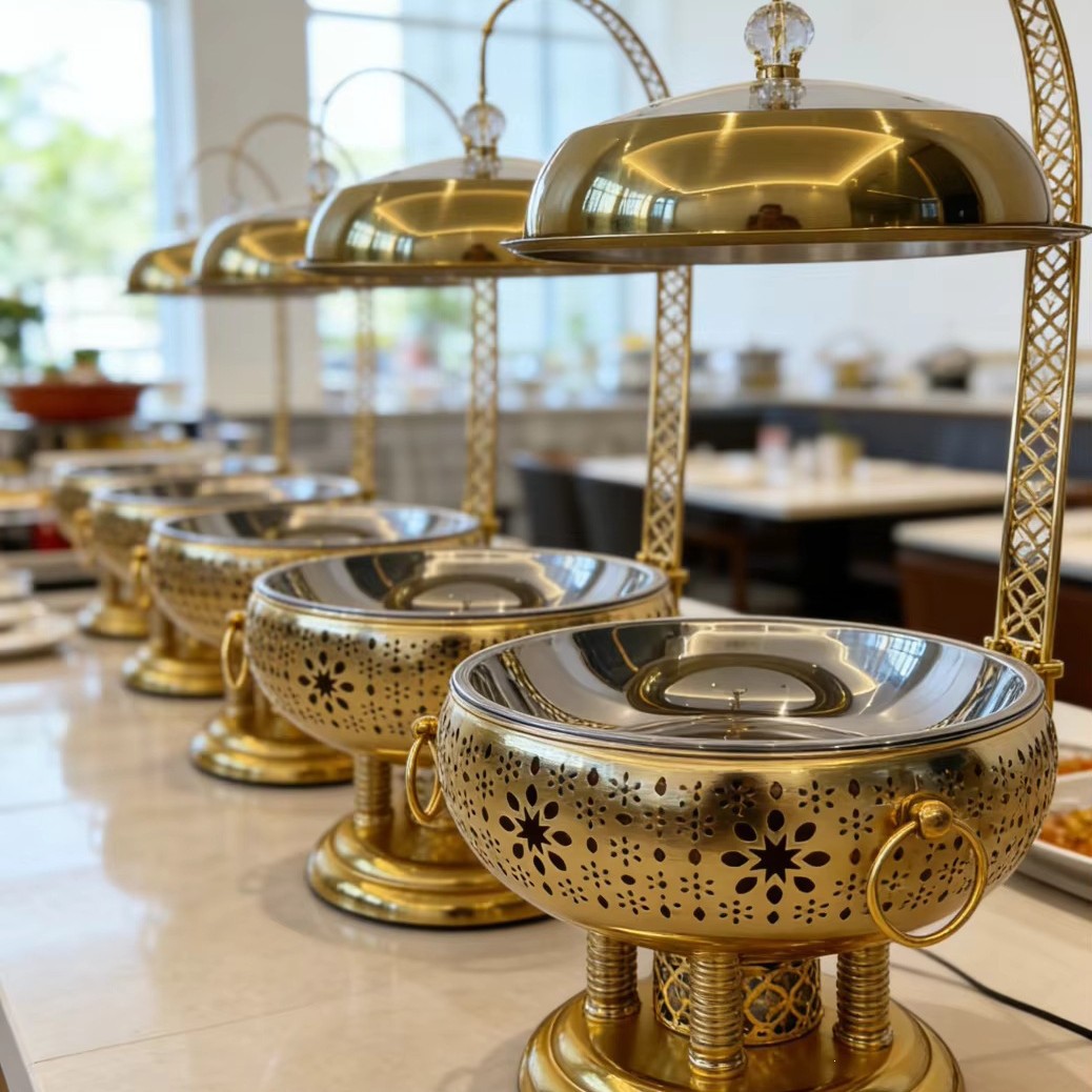 New luxury stainless steel golden restaurant hotel wedding insulated pot with alcohol heating 8-liter capacity for food full figure