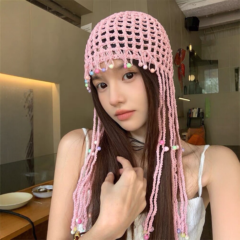 Verano calado gancho de la mano de punto gorro mujer hecho a mano tejido con flecos con cuentas muestra de la cara pequeño sombrero artístico vintage Application Scenario