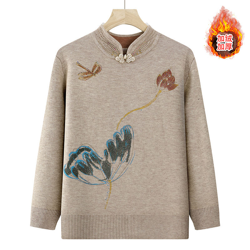 Mother's winter clothes: thickened fleece sweater, one-piece fleece warm top, Chinese-style cheongsam collar base layer for middle-aged and elderly women Mother's winter clothes: thickened fleece sweater, one-piece fleece warm top, Chinese-style cheongsam collar base layer for middle-aged and elderly women