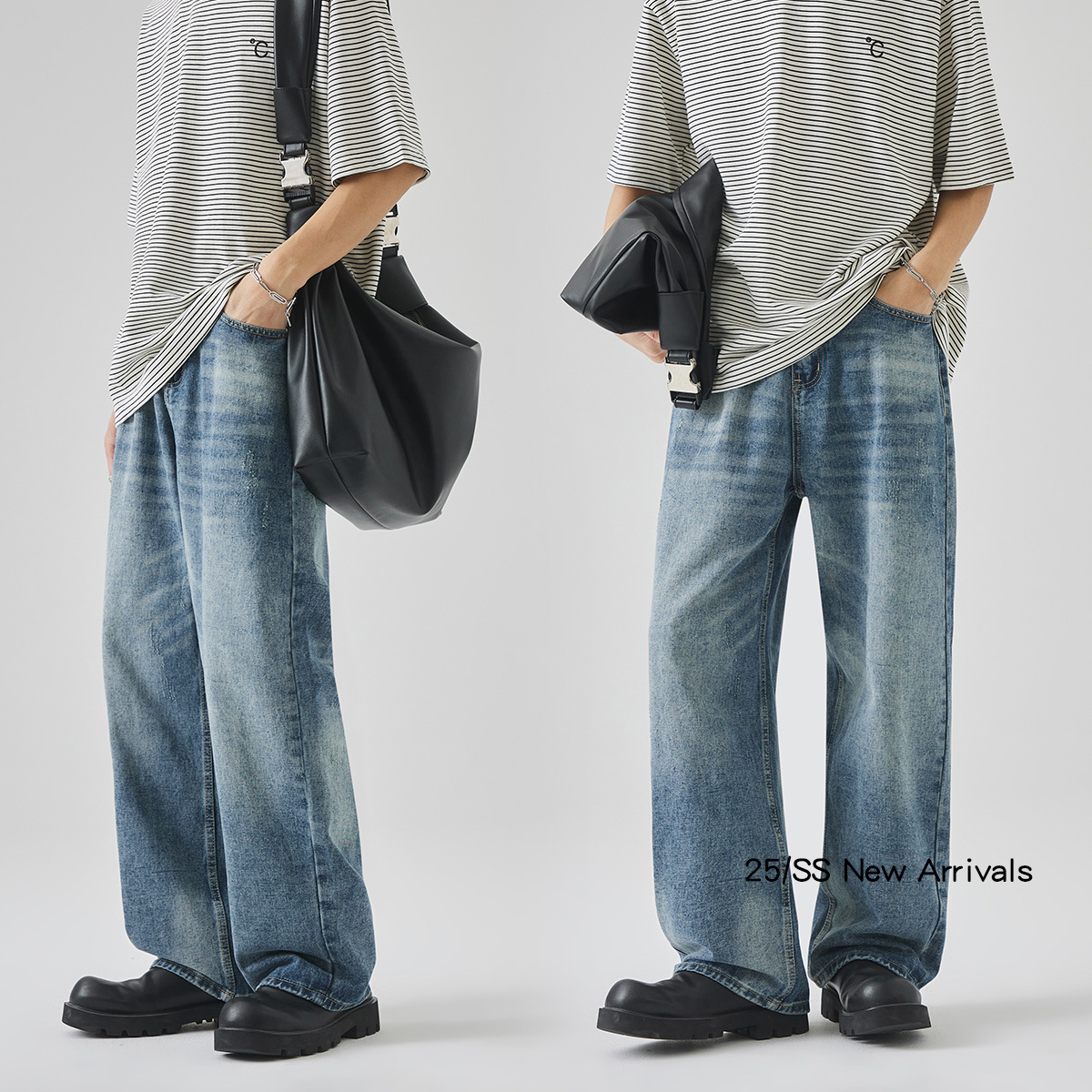 APO Men's Wear: American distressed retro ripped jeans for men, high-end, trendy, cool, loose, straight long pants details Picture