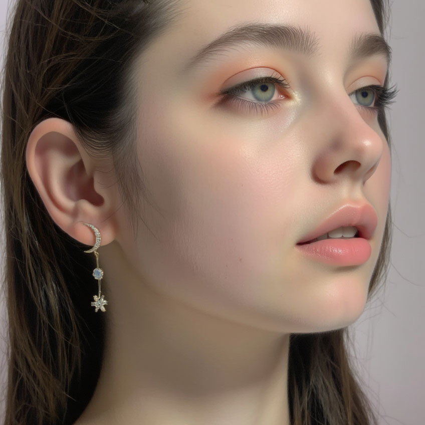 "Flowing Zircon earrings, Instagram influencer style Moon and Star earrings, S925 silver needle 14K gold high-quality earrings wholesale. details Picture