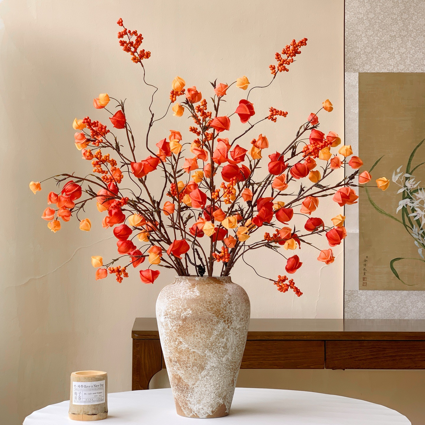 灯笼果仿真花假花摆设栾树果干花年宵花家居装饰花艺摆件直播代发