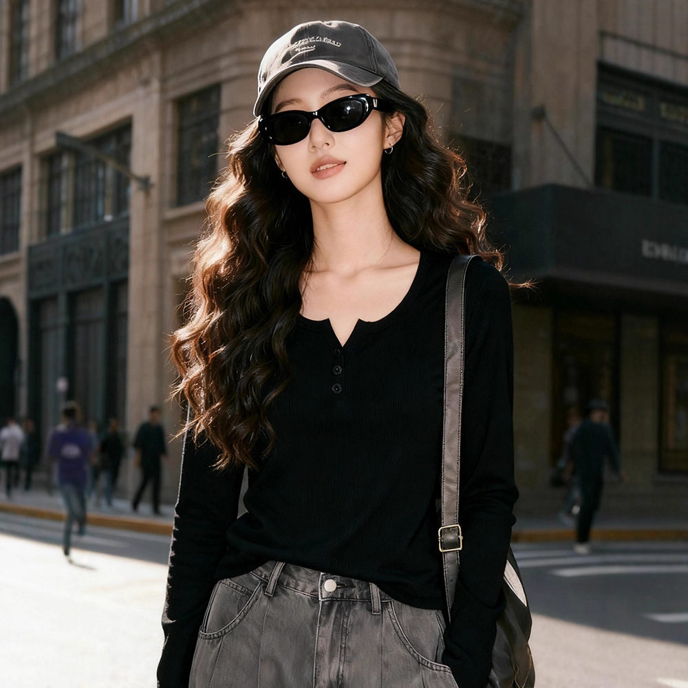 Factory wholesale semi-open round-neck T-shirt for women 2026 new Spring and autumn style slimming top long-sleeved versatile base layer Specification image