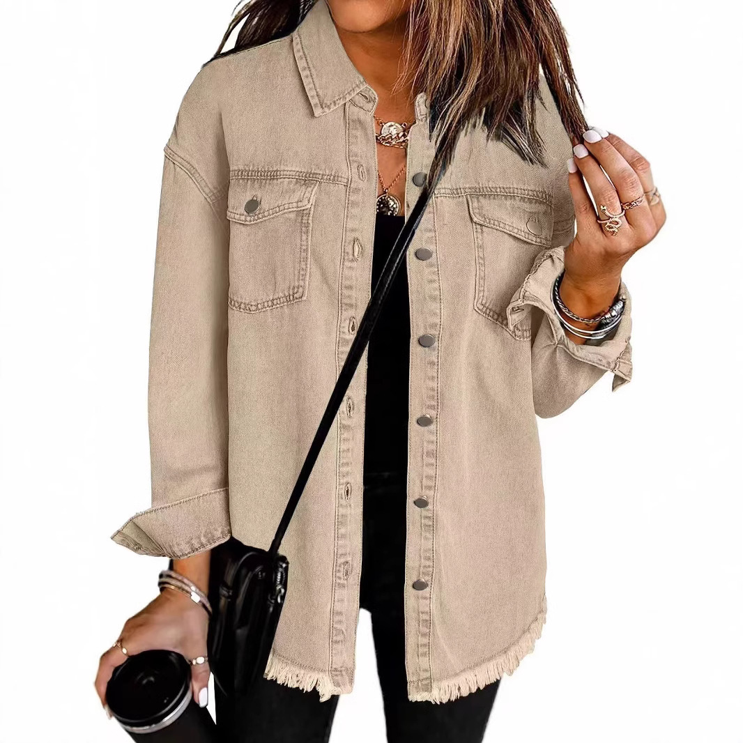 New cross-border washed denim shirt jacket for 2024, a stylish streetwear jacket with a brushed hem for European and American women's autumn and winter