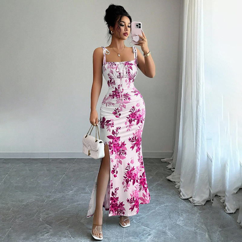 Wholesale of cross-border Amazon European and American women's clothing halter floral figure-hugging slit dresses for foreign trade import and export factories Application Scenario