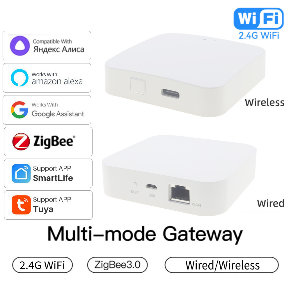 白色方形设备多模式网关支持2 4G WiFi ZigBee 3 0有线无线连接兼容Yandex Alice Amazon Alexa Google Assistant支持SmartLife和Tuya应用