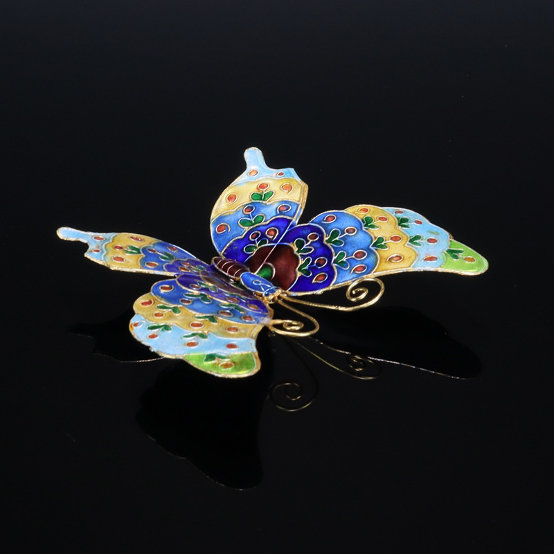 Beijing Cloisonne Chinese Cultural Craft Gift Copper Body Mechanism Enamel silver Blue Butterfly Fridge magnet details Picture
