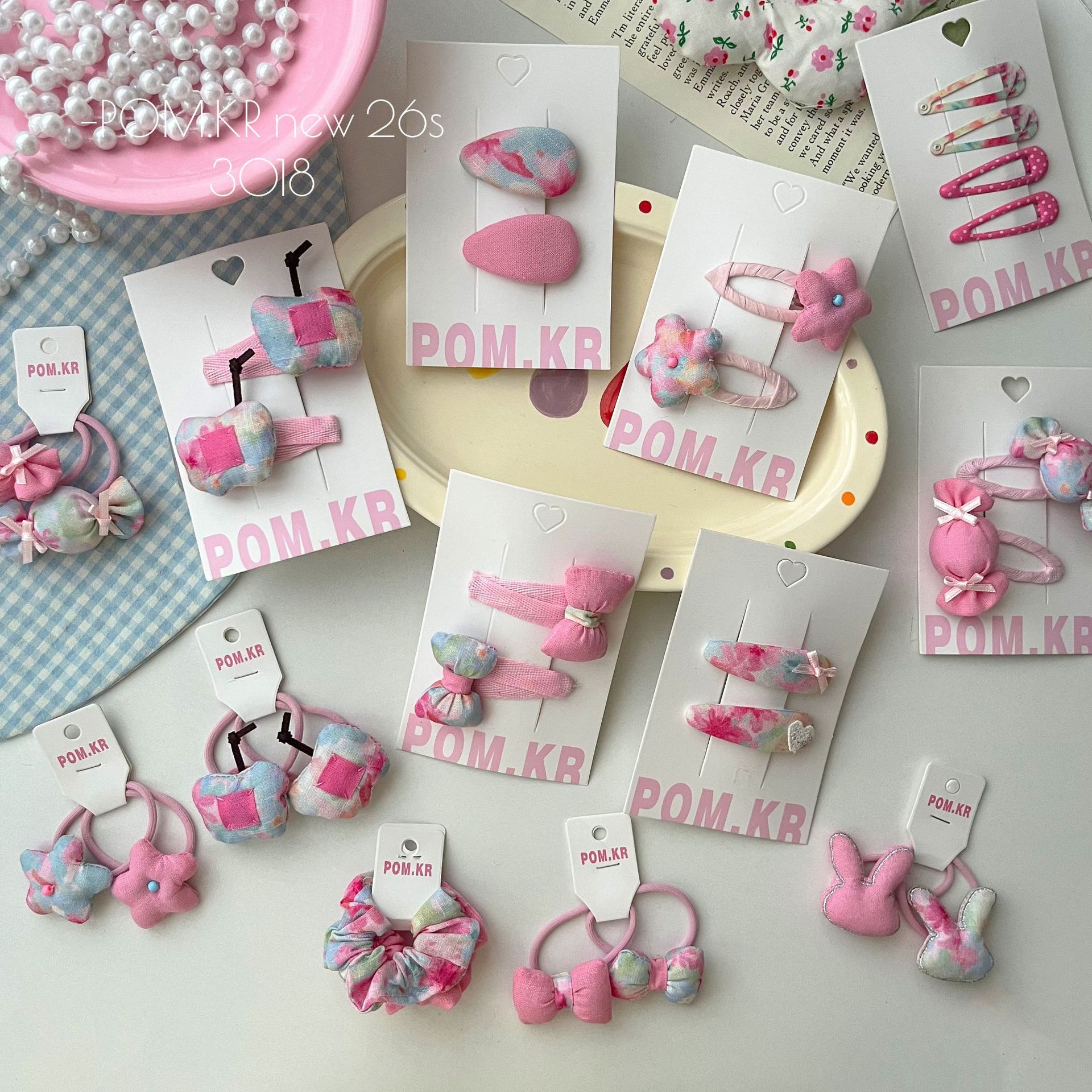 POM KR bonito rosa atado accesorios para el pelo set niños horquilla diadema acrílico desechable derm