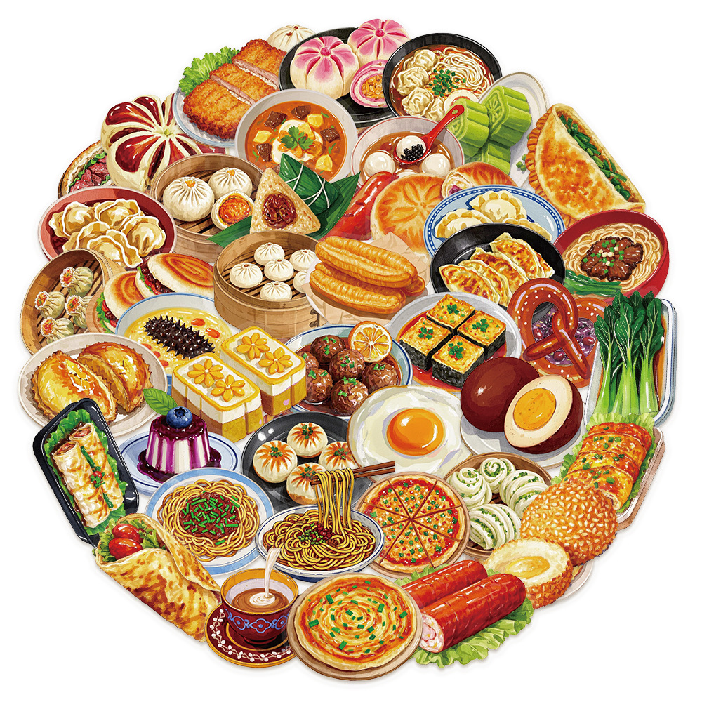 50 Chinese-style breakfast stickers made of pet material for thermos cups, mobile phones, diaries and tablet computers Item Picture