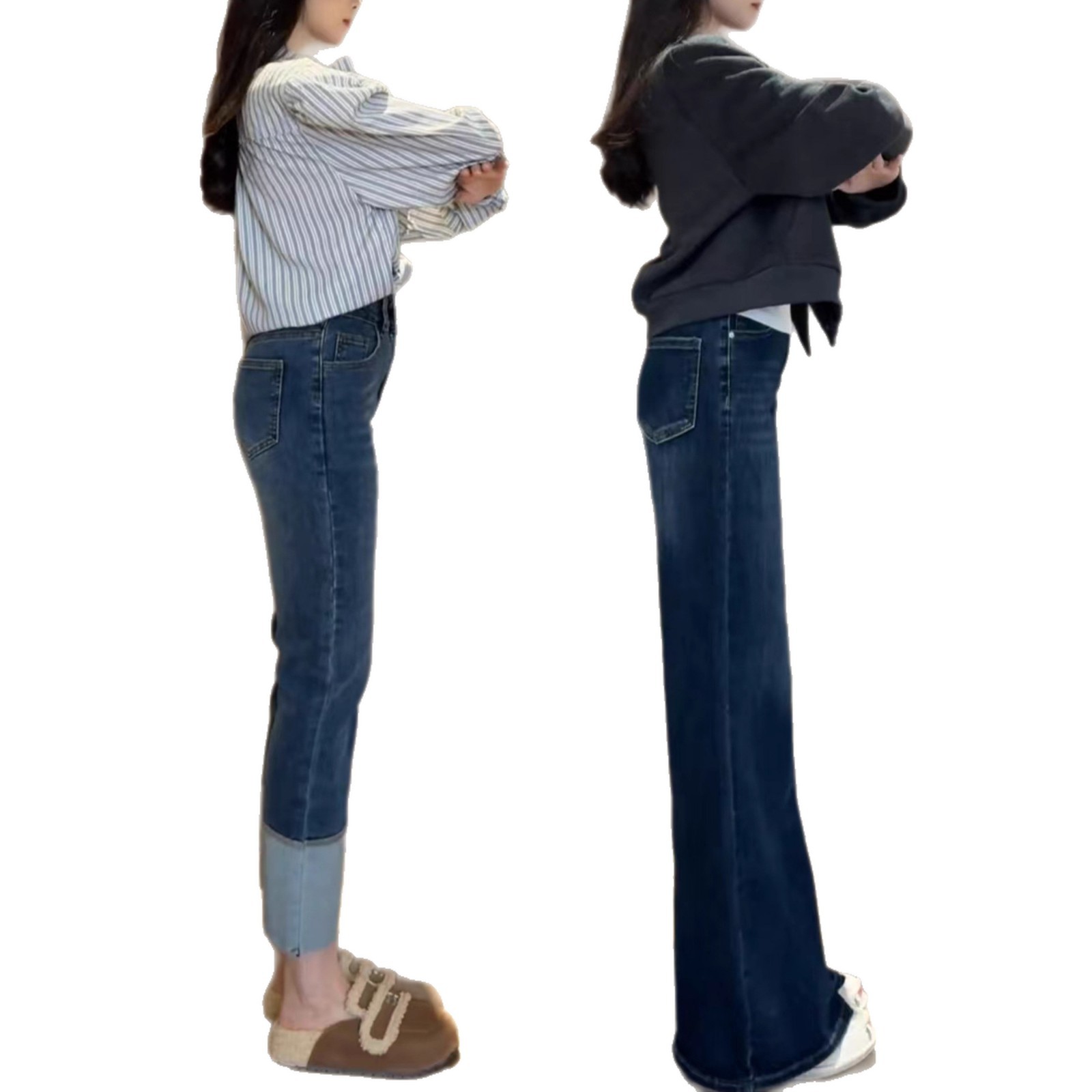 Dark blue wide-leg jeans for women, 2025 autumn new style, plus-size pear-shaped chubby girls, high-waisted, slimming, slightly flared pants Item Picture