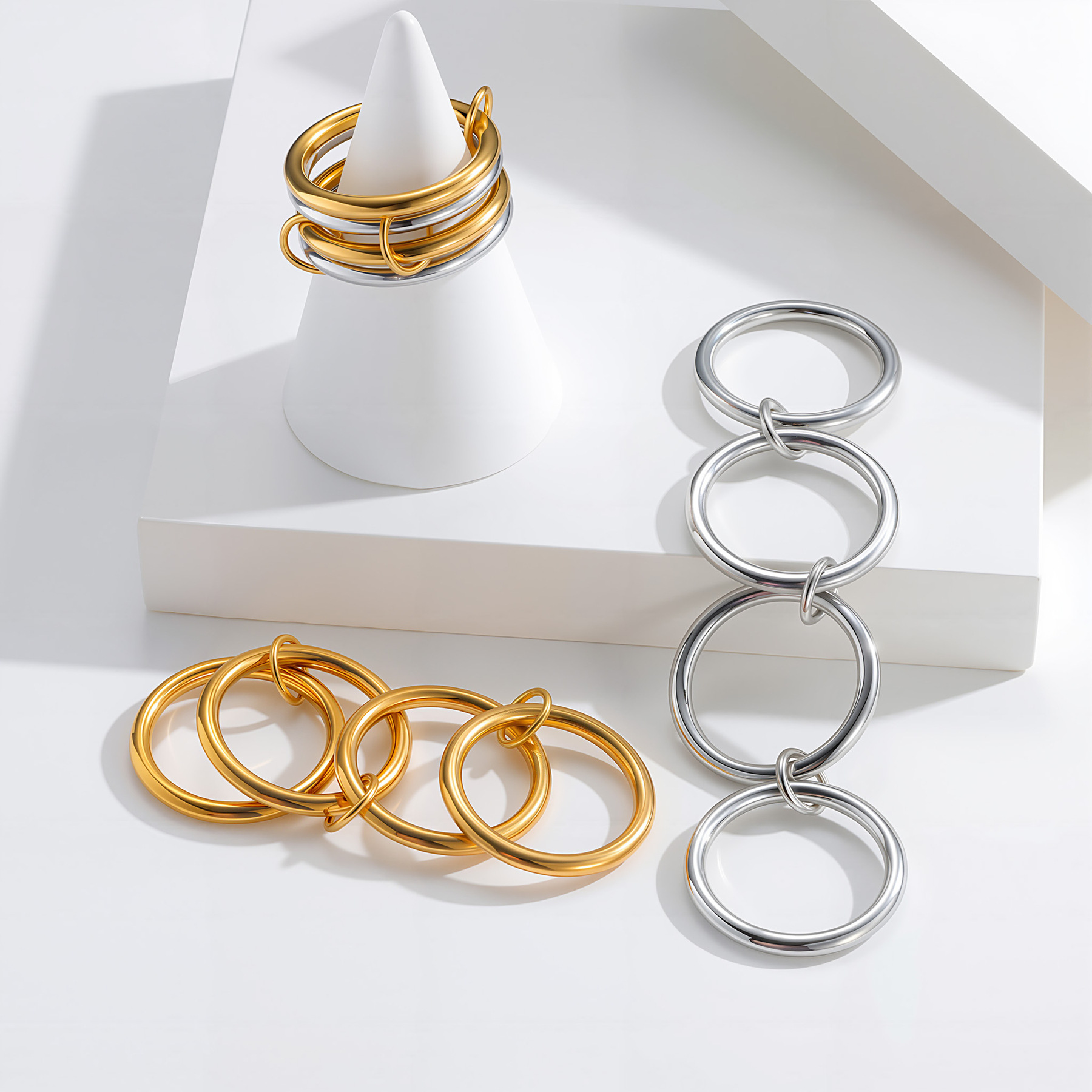 Cross-border European and American four-layer multi-ring jewelry for women, made of titanium steel and plated with 18K gold, with a unique and elegant high-end feel
