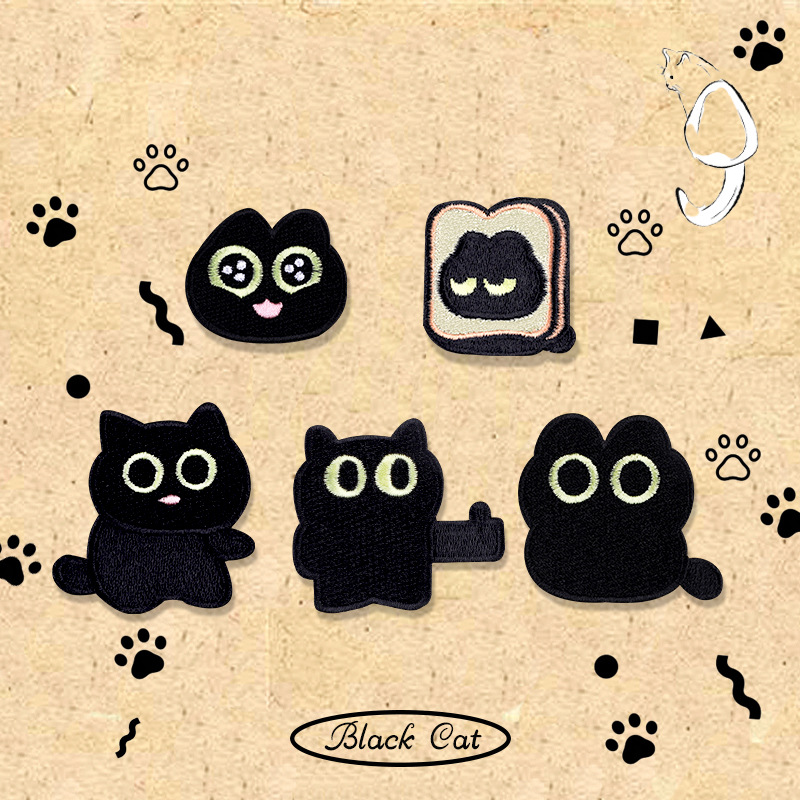 Cartoon little black cat embroidery patch, hand journal, DIY mobile phone decoration, schoolbag, Longxiang self-adhesive paper, clothes patch