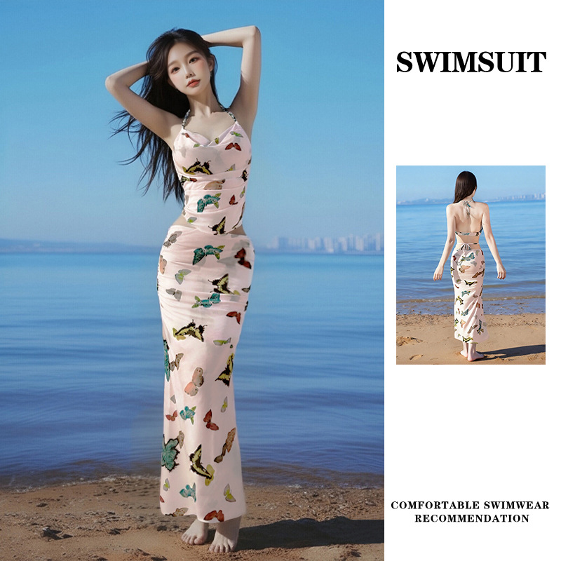 泳衣女2025新款蝴蝶印花比基尼性感长裙带钢托聚拢海边度假泳装-125141