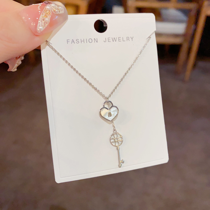 Korean style, fashionable design sense, heart lock, key, tassel pendant necklace, unique, light luxury, versatile collarbone chain for women details Picture