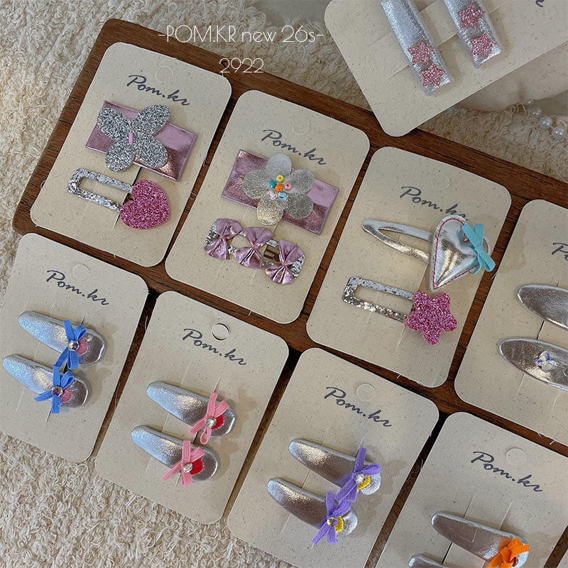 New Korean-style sweet and cool pink silver leather bye-bye clip, children's handcrafted side fringed bangs clip, sweet edge clip Specification image