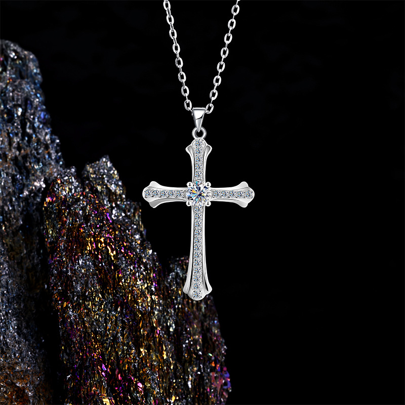 Zhuoheng Jewelry European and American S925 sterling silver cross pendant Necklace, ebay AliExpress collarbone chain, Christmas accessories wholesale, Mosan details Picture