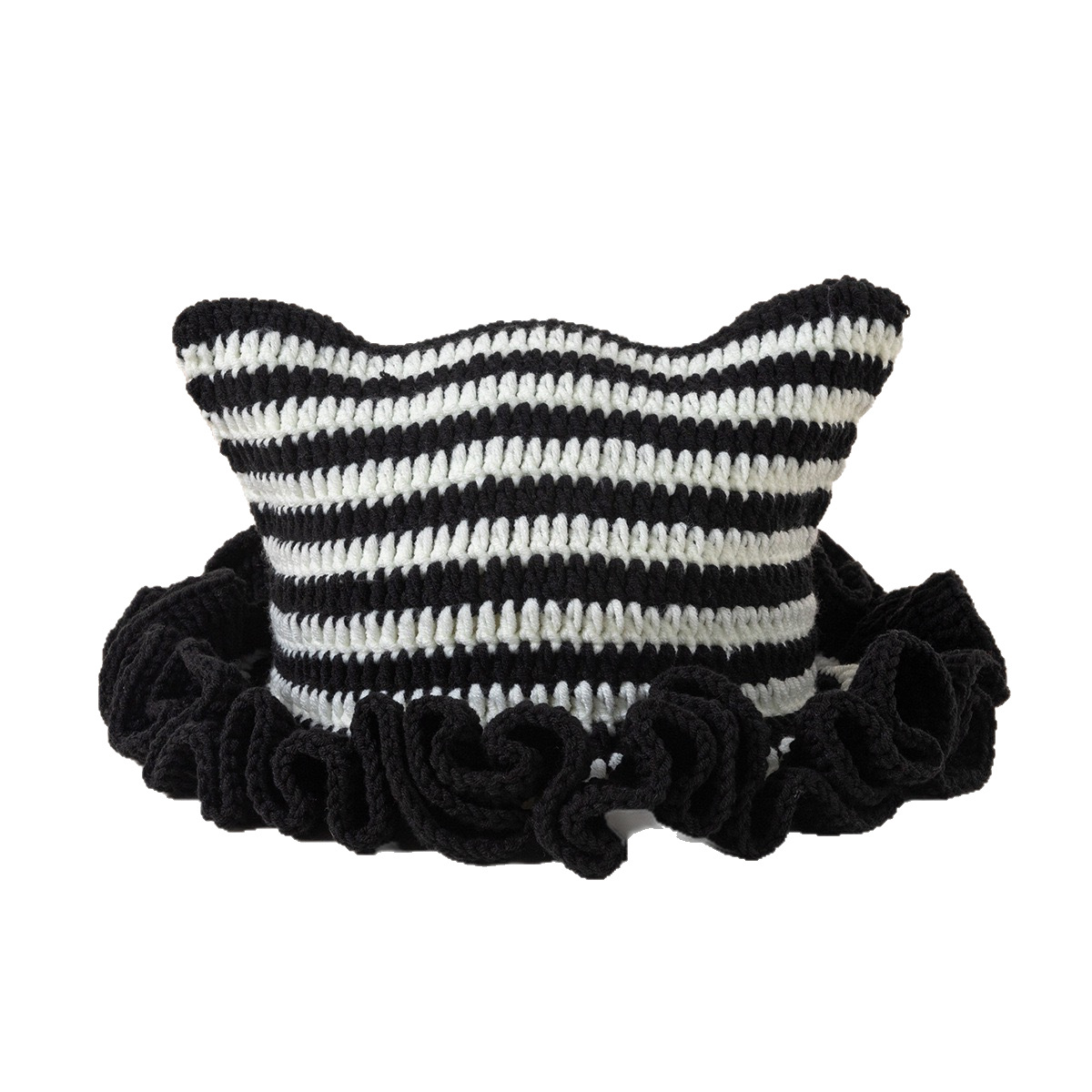 Handmade crochet hat for women, striped ruffled cat ear hat for women, fashionable knitted woolen hat, retro, sweet and cute Item Picture