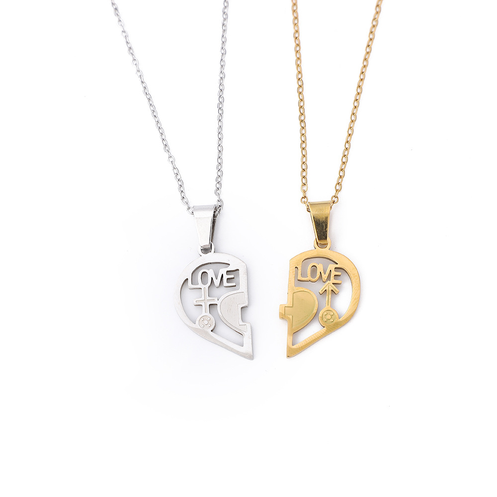 跨境18K金电镀不锈钢镂空吊坠时尚男女毛衣链 钛钢可拼接情侣项链白底实物图