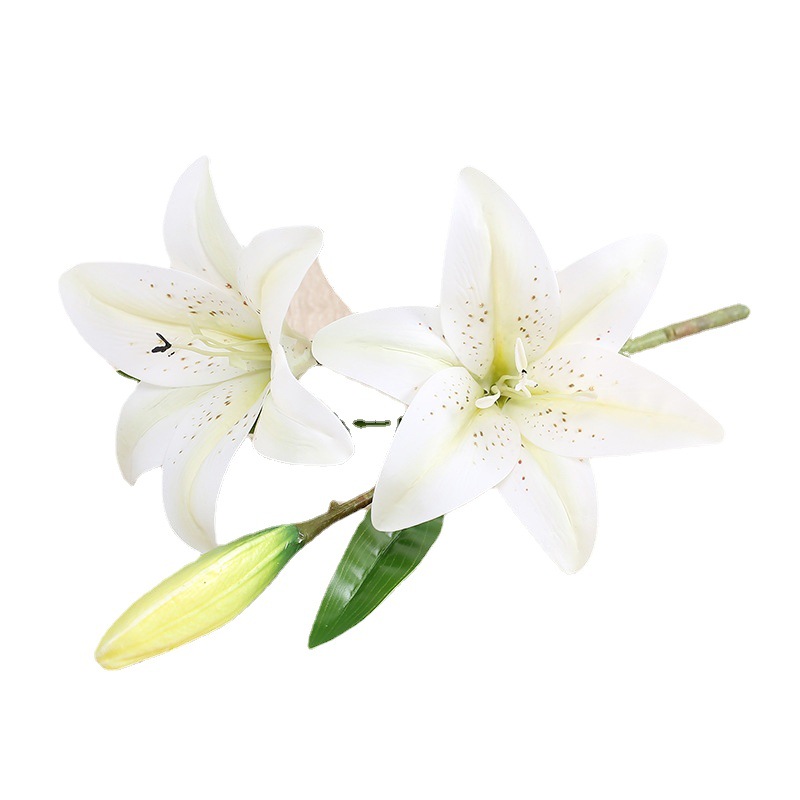 Dove artificial short-branch artificial lilies for home decoration: 2 small lilies and 1 bud. Artificial flowers for the entrance hall Item Picture