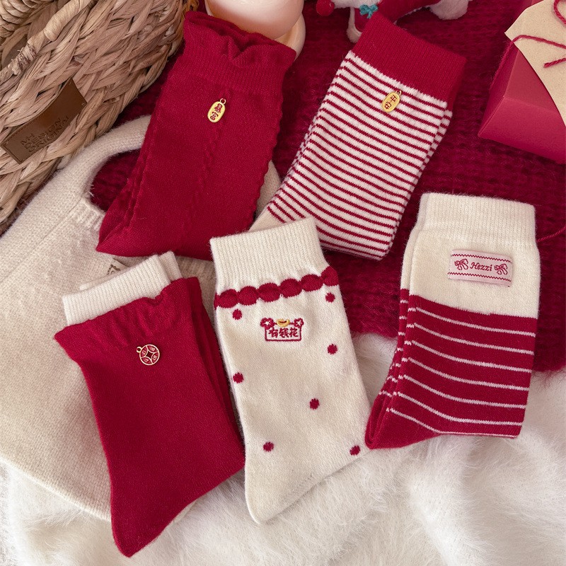 本命年羊毛袜条纹红色袜子女秋冬加厚保暖羊绒配饰新年韩版堆堆袜
