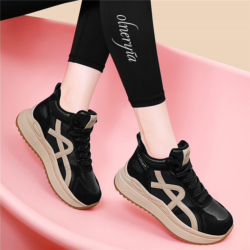 厚底增高阿甘鞋女2025新款复古真皮时尚拼色加绒百搭休闲运动棉鞋