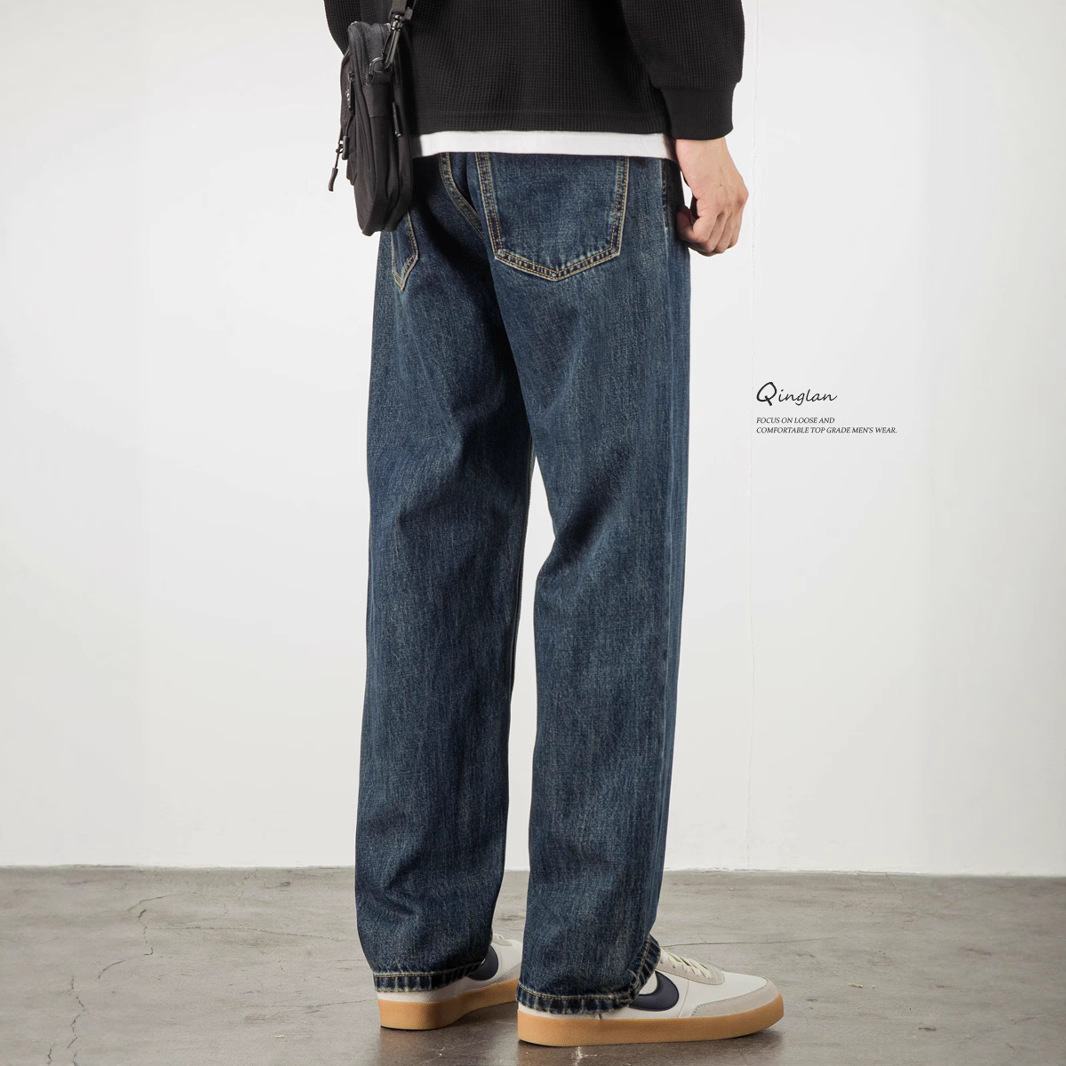 Natural-color washed jeans for men, straight-leg loose American retro, fleece and thickened pants, trendy casual spring and autumn style Specification image