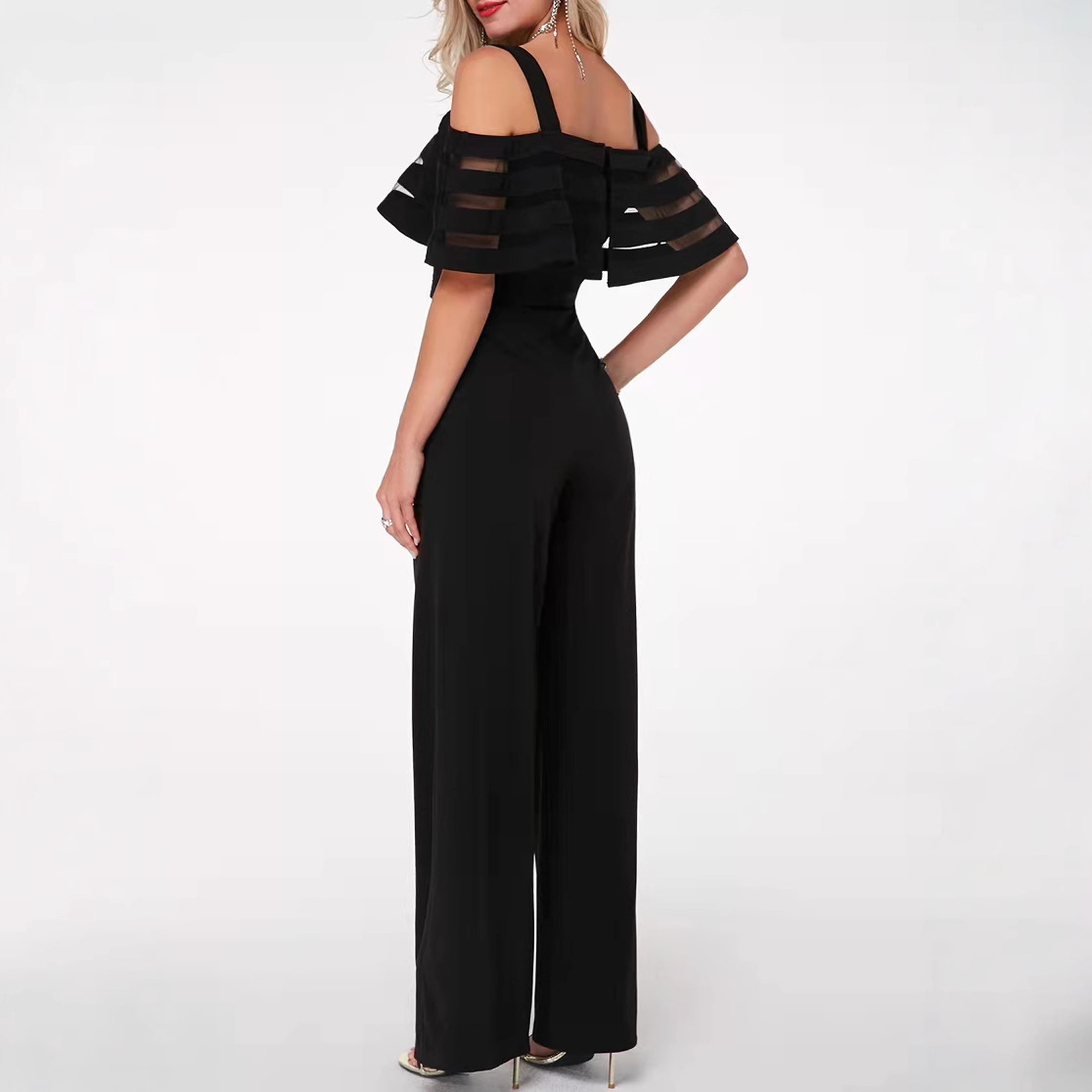 2025 European and American cross-border Amazon independent Station one-neck halter women's solid color combination receiving waist-shaped jumpsuit Specification drawing