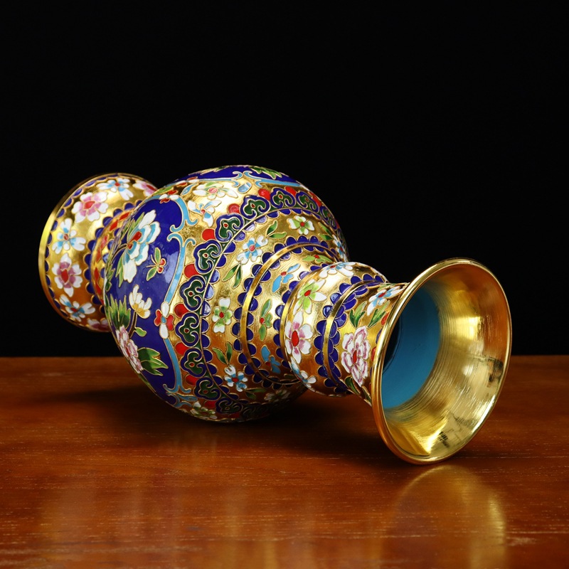 Beijing Jingtai Blue Vase Ornament, Craft Gift, Cloisonne enamel filigree silver Blue 15-inch Noble Peony Flower Mushroom Vase details Picture