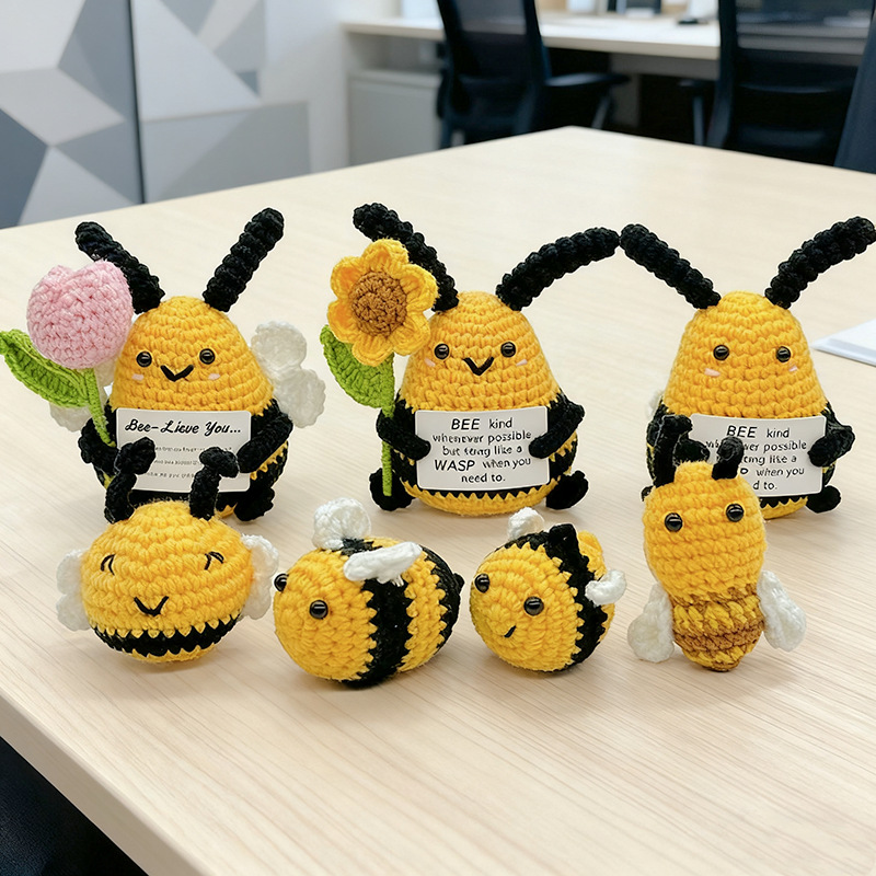 Cross-border finished hand-knitted dolls, bee-hugging small flowers, tulips, roses, cartoon and cute desktop ornaments details Picture