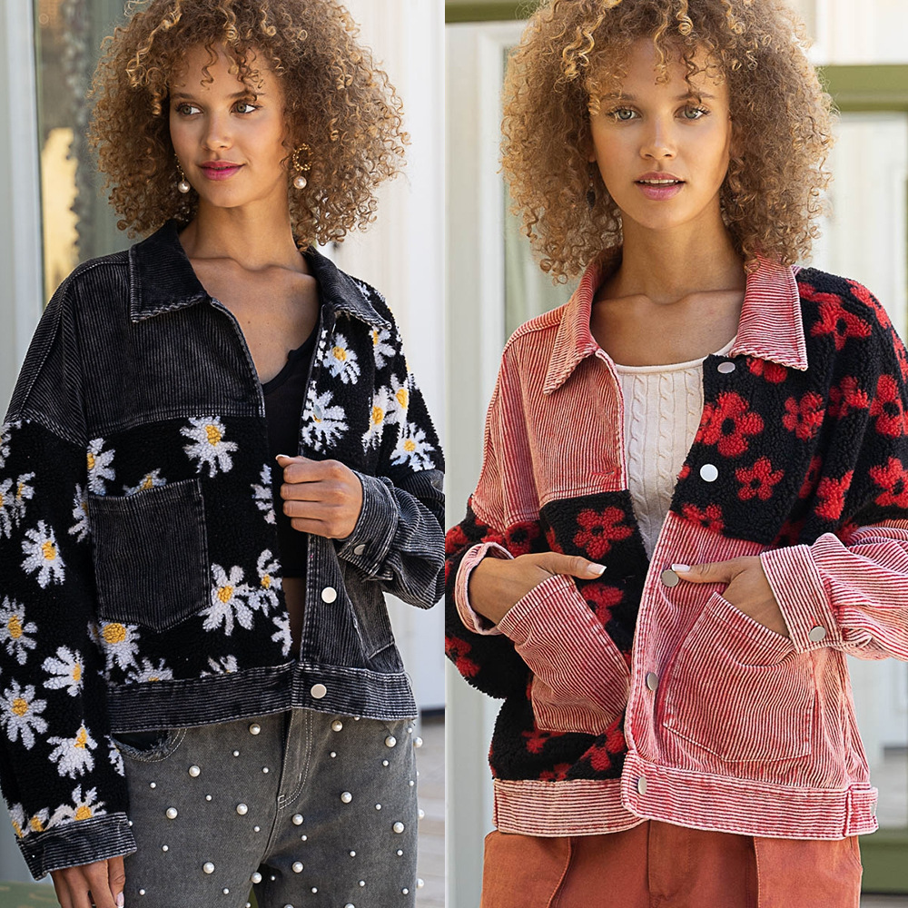 European and American cross-border women's clothing, retro and aged washed corduroy patchwork woolen coat, hip-hop fashion, chrysanthemum, Amazon