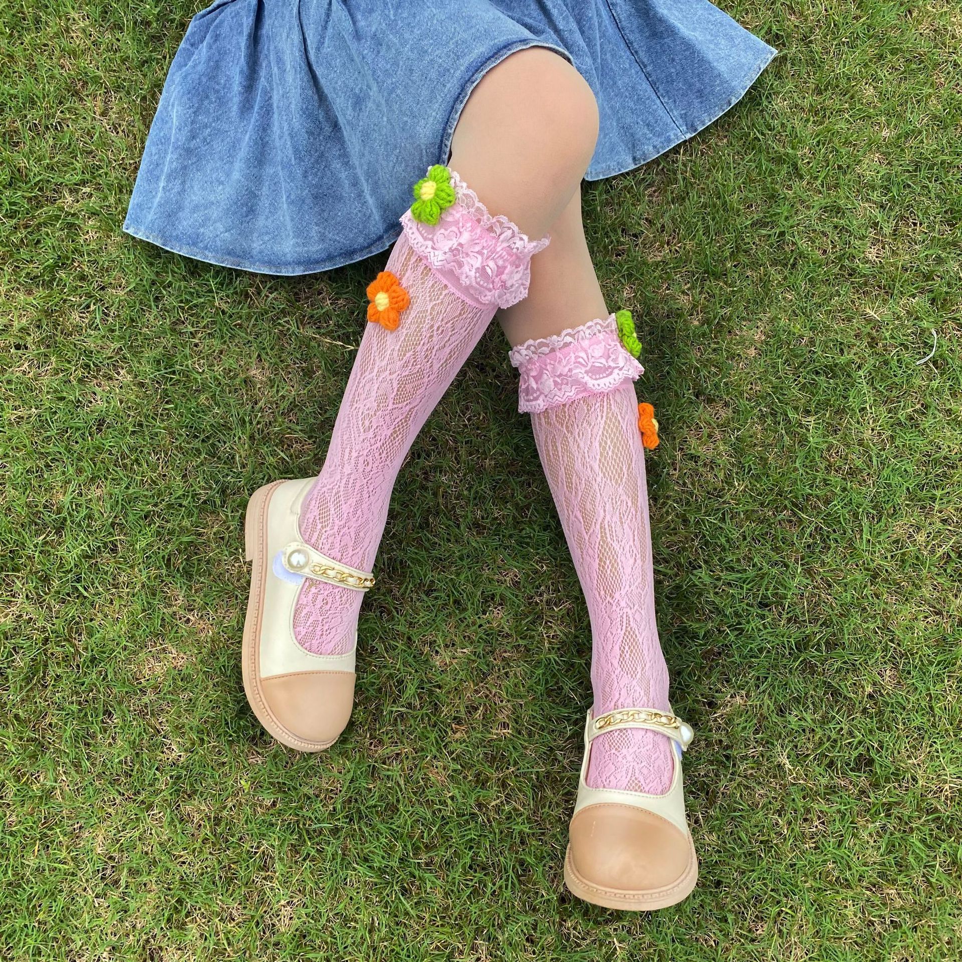 Lolita children's calf socks, girls' lace lace colorful flower short socks, girls' thigh-high socks for spring and summer Specification image