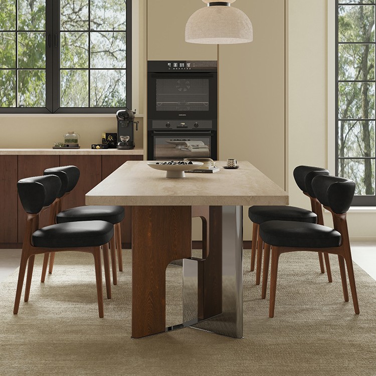 法式复古洞石岩板高级感餐桌椅实木家用别墅中古风下挂长方形餐桌产品图